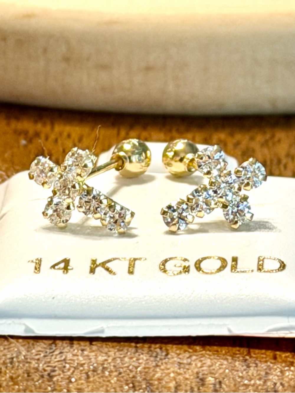Solid Gold 14 Karat Yellow Gold Cross Cz Earring.